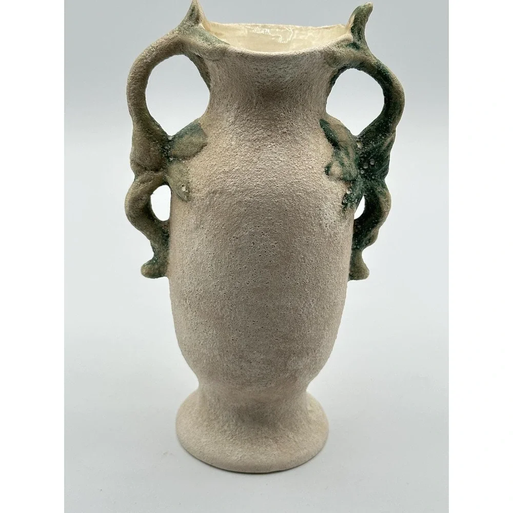 Vintage MAM Hand Signed Cherub Sand Textured Pottery Vase Cream Green 6in